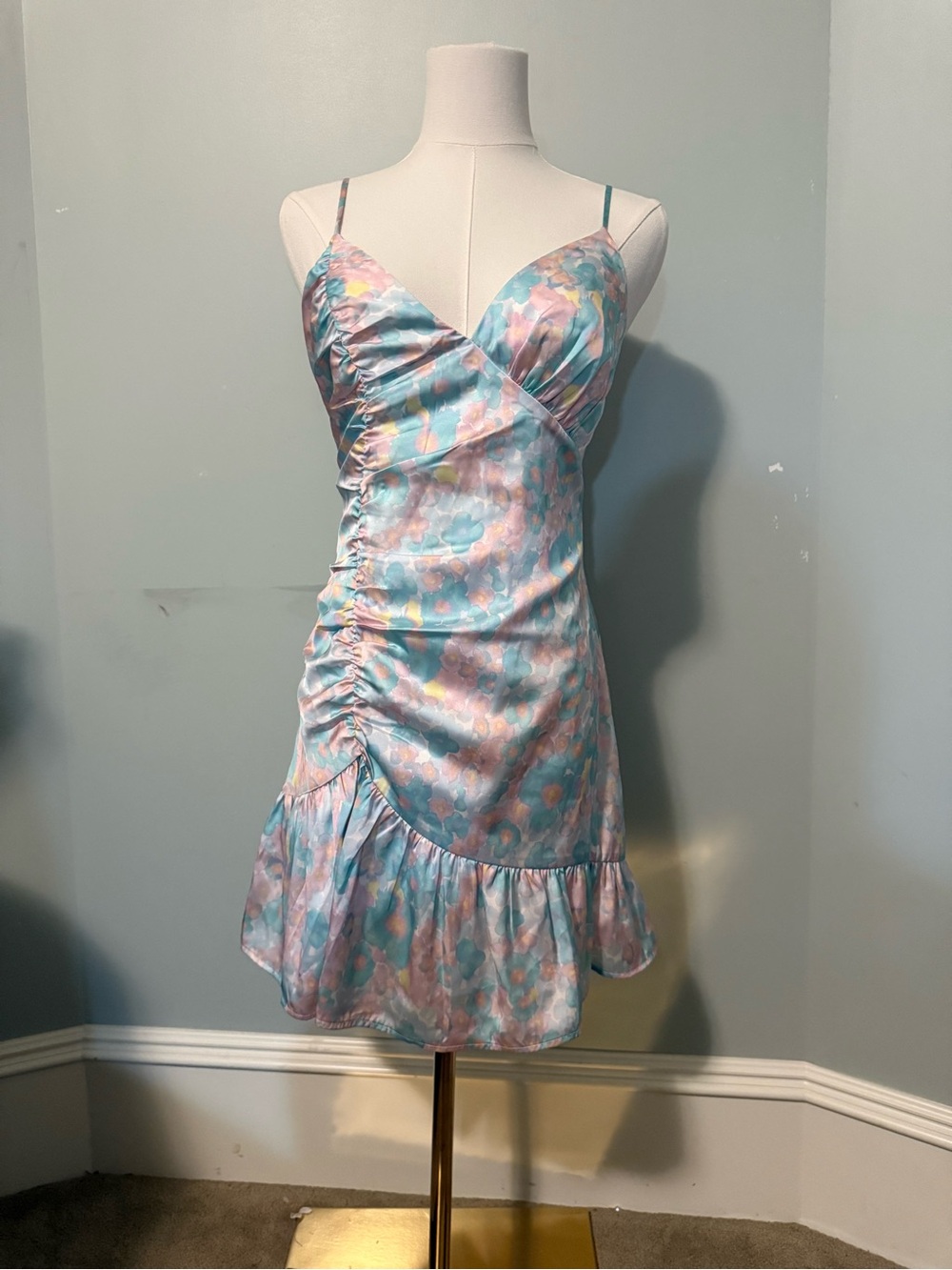 MAJORELLE Pastel Floral Satin Slip Dress in Blue and Pink